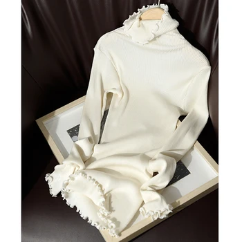 

Turtleneck Pullovers Natural silk long sleeve t shirt women Knitted knitwear tee shirt femme Rib elastic stretch slim Top