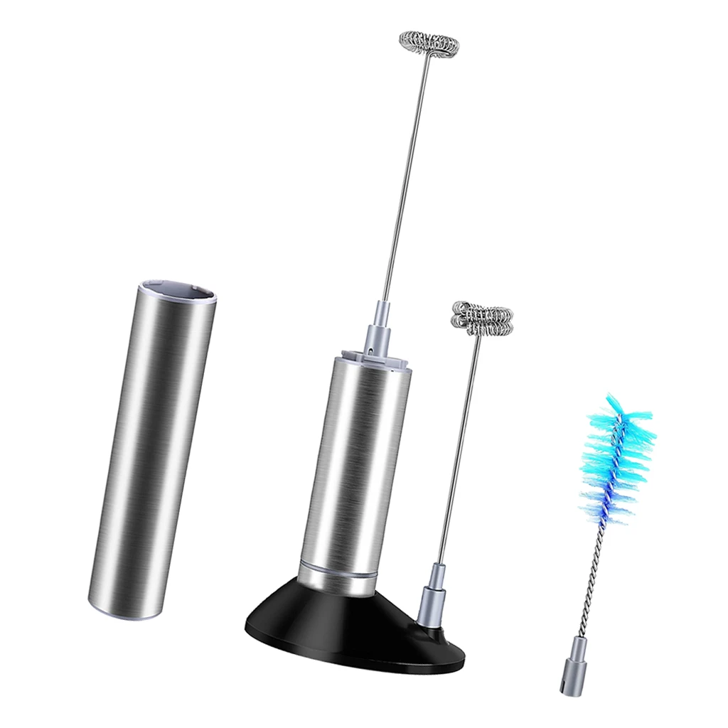 Handheld Electric Milk Frother with Single Double Whisk Head & Cleaning Brush