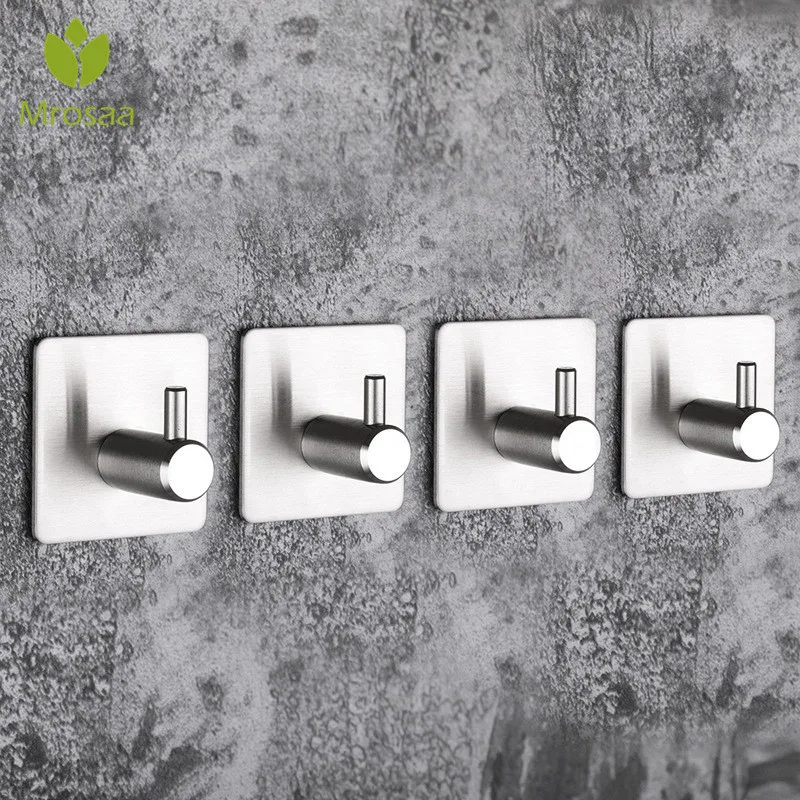 

Hot High-end Sticker Adhesive Stainless Steel Hooks Wall Door Clothes Coats Hats Hanger Kitchen Bathrooms Rustproof Towel Hooks