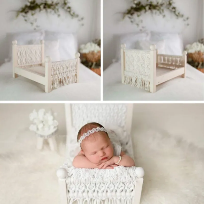 Baby Cribes Newborn Photography Props Original White Shooting Bed Basket Chair Solid Wood Hand-woven Posing Props With Tassels