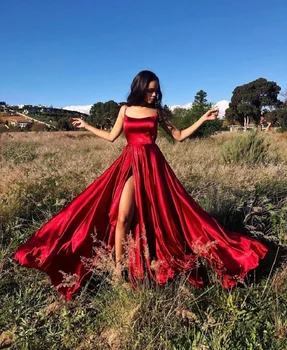 

Women's Halter Satin Long Prom Dresses with Pockets Criss Cross Open Back Side Slit Dinner Party Dresses Free Shipping