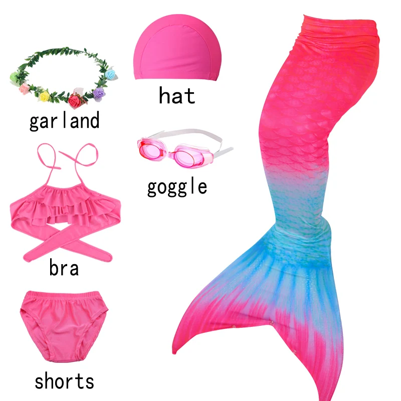 Рождественский карнавальный детский купальник, бикини, Флиппер, хвост русалки, шорты, топ для плавания, хвост русалки, костюмы для плавания для девочек - Цвет: 6pcs with goggles-D