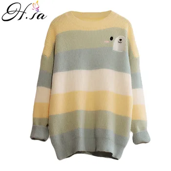 

H.SA Rainbow Pullover and Sweaters 2019 Round Neck Cartton Embroidery Bear Sweater Jumpers oversized pullover female Hiver