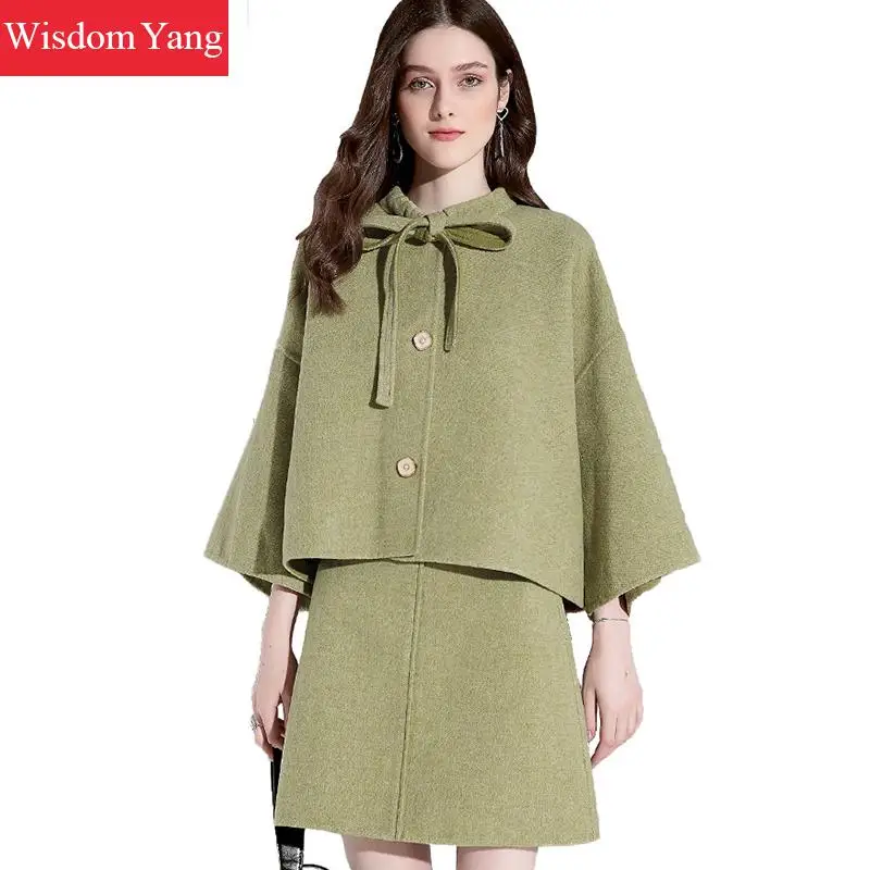 2 delige Set Winter Vrouwen Schapenwol Mantel Pak Tops Cashmere Bontjassen Groene Wollen Overjas Mini Wrap Rokken Koreaanse lady Suits 2 delige Set Winter Vrouwen Schapenwol Mantel Pak Tops Cashmere Bontjassen Groene Wollen Overjas Mini Wrap Rokken Koreaanse lady Suits