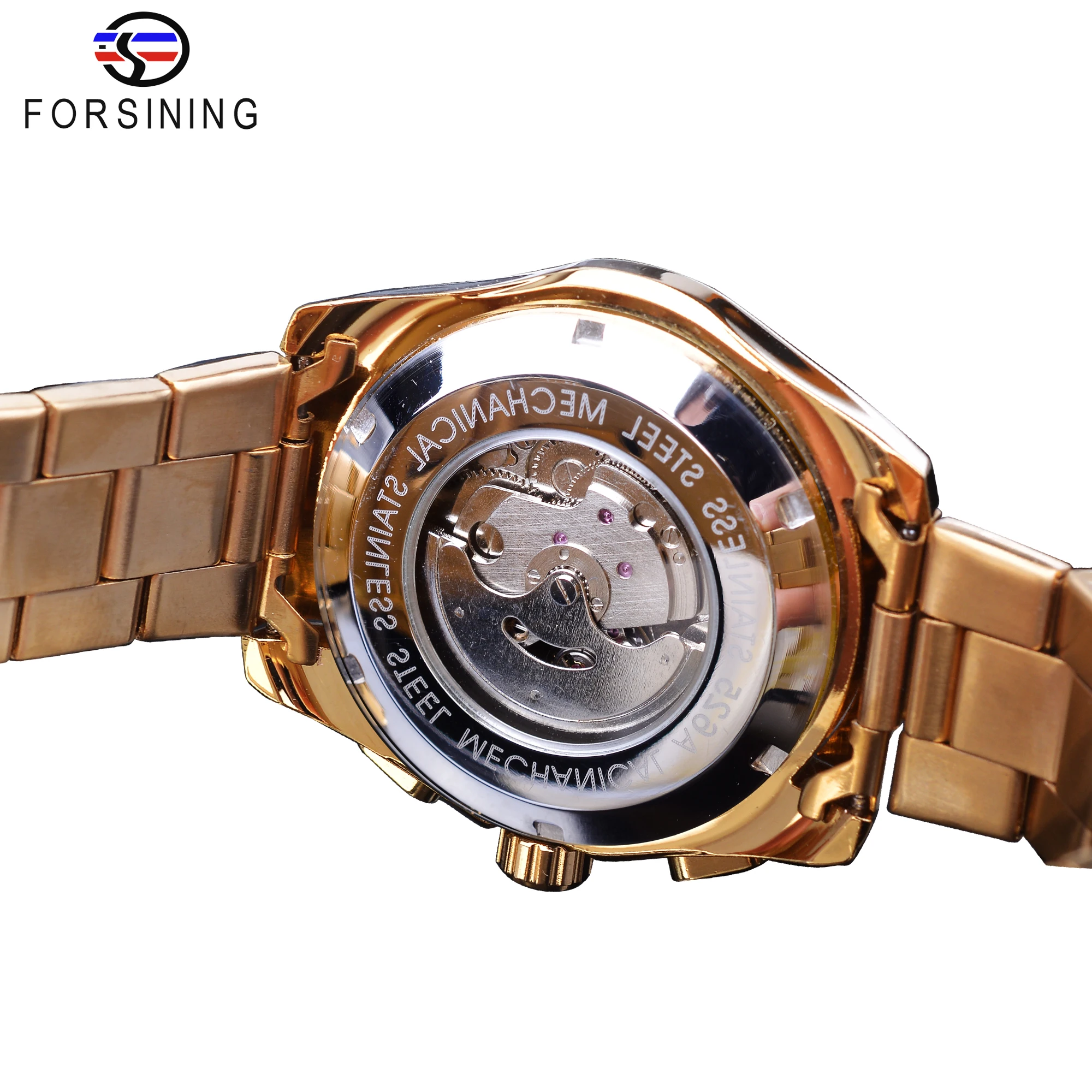 Forsining Black Business Mechanical Men Watch Automatic 3 Sub Dial Date Golden Steel Band Dress Wristwatch Clock Hour Time Reloj_voghion.com