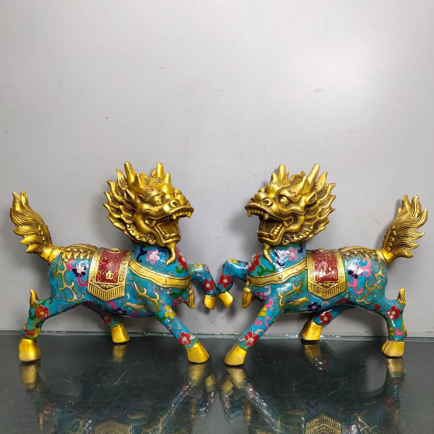 

8"Tibetan Temple Collection Old Bronze Cloisonne Enamel kylin Unicorn statue A pair Lucky Ornaments Town House Exorcism