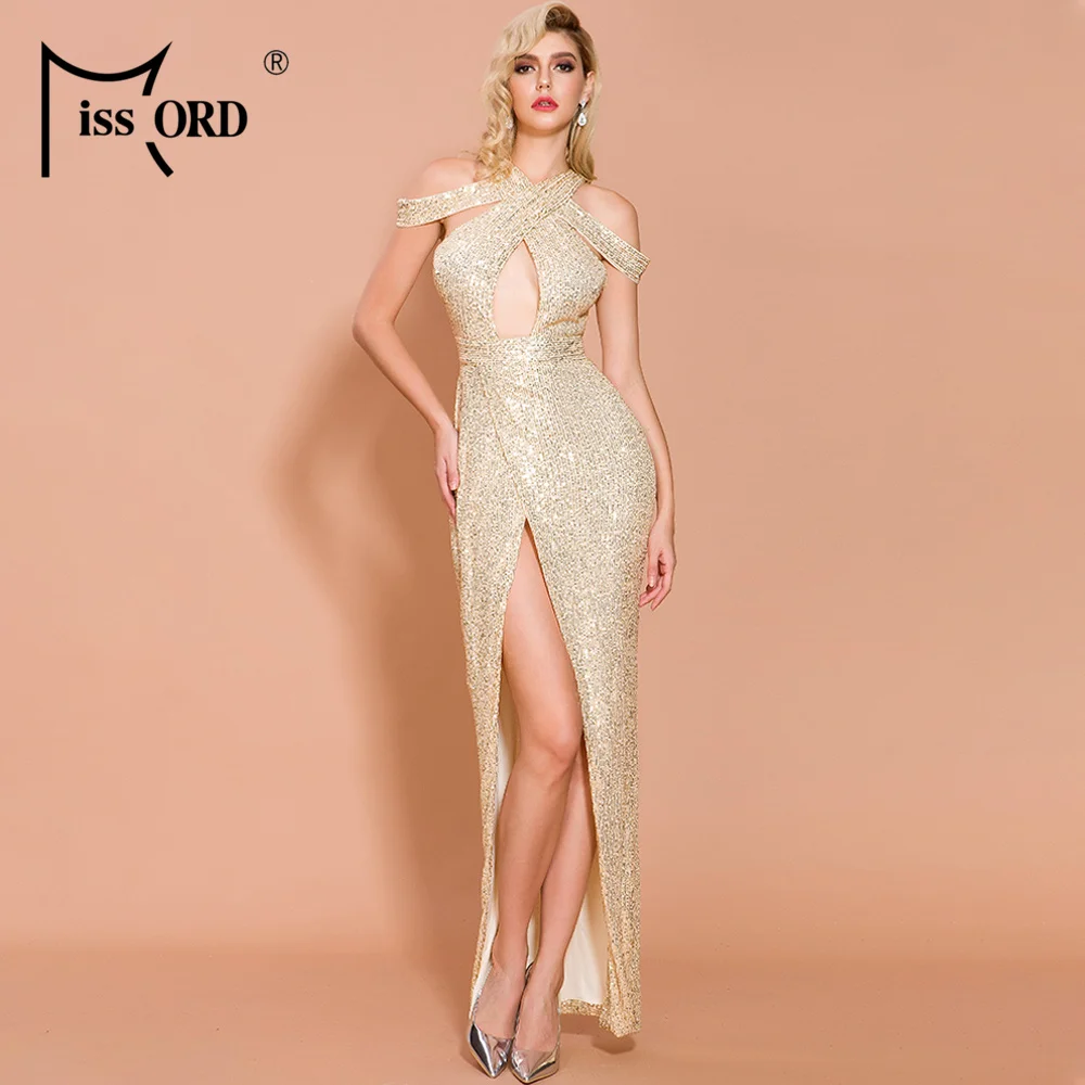 Missord сексуальные платья с глубоким неровным вырезом и пайетками, женские платья макси с высоким разрезом, элегантное платье FT19750