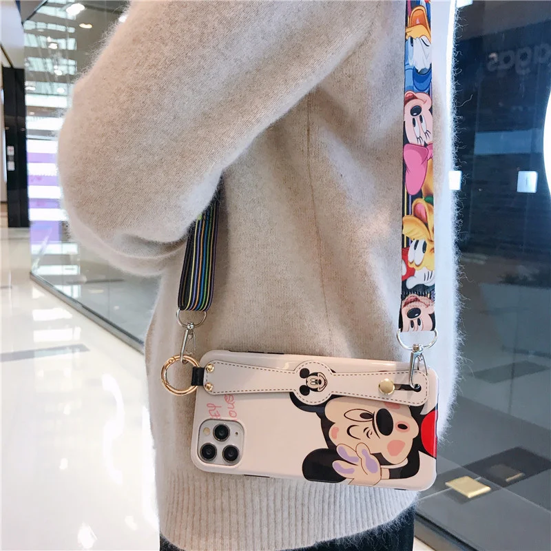 Disney Cartoon Mickey Minnie Mouse Daisy Donald Duck Wrist Strap Lanyard Phone Case For IPhone 12 Pro Max 11 7 8 Plus X XR SE XS
