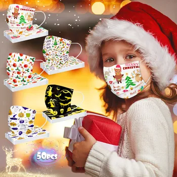 

Children Disposable Face Mask 50pc 3ply Ear Loop Christmas Halloween Printed Kids Masks Breathable Masque Маска Mascarilla Маски