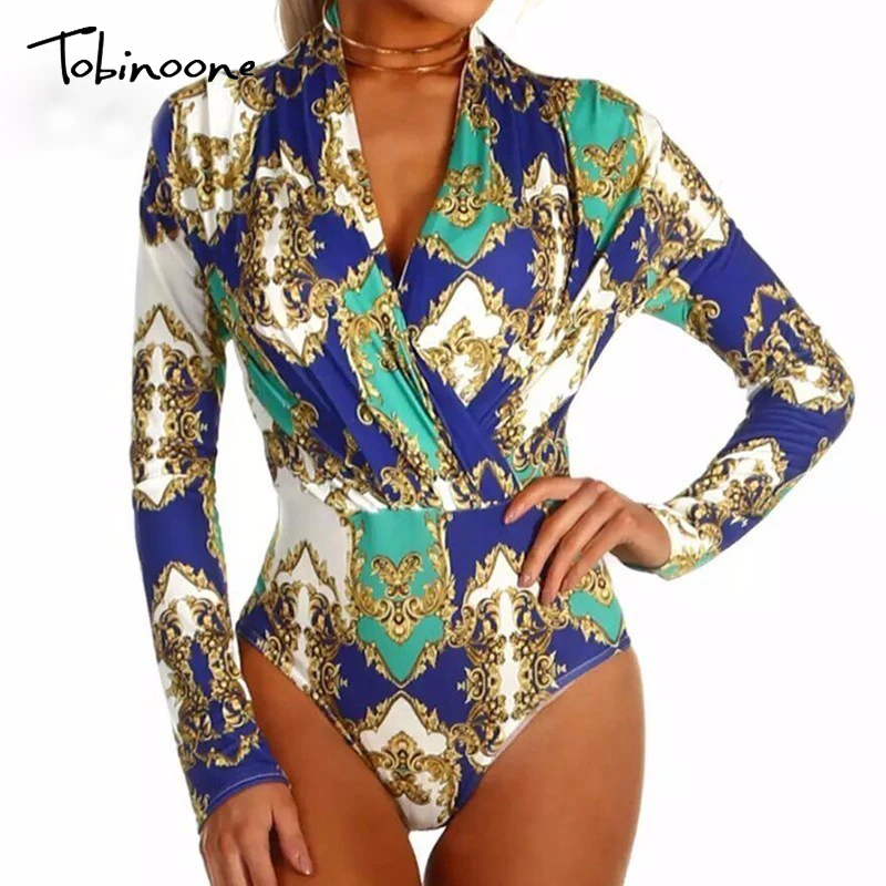 Women Jumpsuit Romper Club Long-Sleeve Patchwork Print Floral Sexy V-Neck Fashion Tobinoone