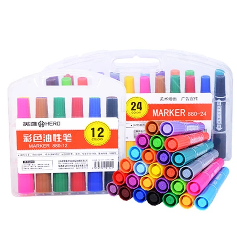 Hero 880 Colored Double Heads Oily Marker Pens 12/24 Colors Manga Drawing  POP Paint Markers for Poster/CD/Metal/Plastic/Paper
