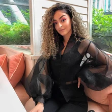 

2021 New Summer Black Mesh Tops See Through Solid Puff Sleeve Top Fishnet Transparent Club Party Sexy T-Shirts Loose Basic Tees