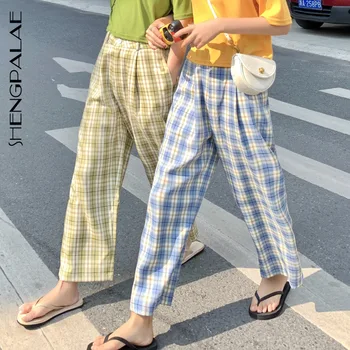 

SHENGPALAE 2020 New Chic Loose Plaid Wide Leg Straight Pants Women's Punk Harajuku Female Cute Vintage Kawaii Trousers ZA3074