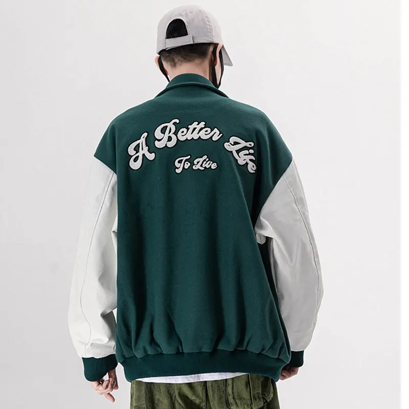 Men's Varsity Uniform Baseball Jacket PU Leather Sleeve Single Breasted Appliques Bomber Jacket Embroidery Patches Casual Coat