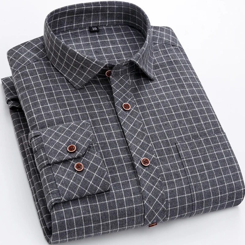 Striped Shirt Checkered Long-Sleeve Plaid Mens Fashion Pocket Casual Chemise Homme Single-Patch
