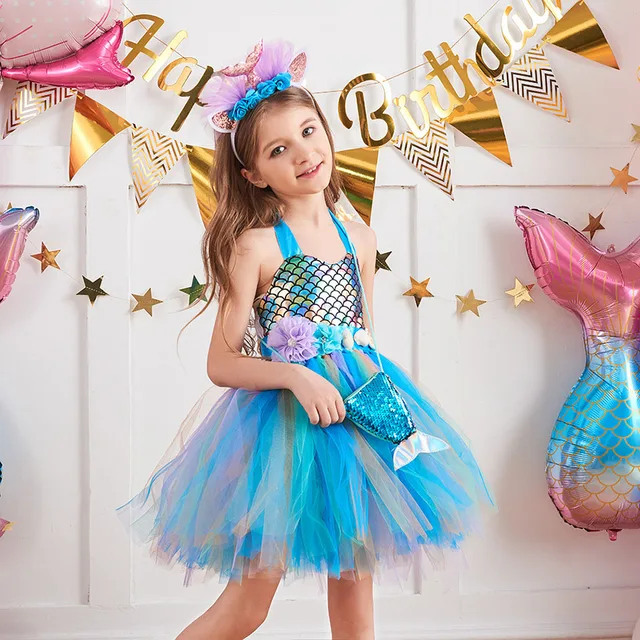 Sereia Infantil, Conjunto roupa sereia reutilizável para meninas,Vestido  Tutu para Meninas para Concurso Aniversário Festa Casamento Fovolat