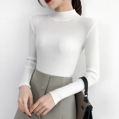 Однотонный вязаный зимний пуловер, свитера для женщин, модная Водолазка с длинным рукавом, облегающие Топы для женщин, корейский тонкий осенний свитер, Топ - Цвет: White