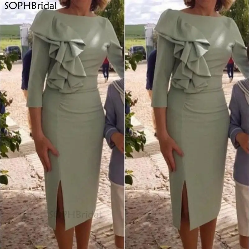 

New Arrival Simple Short Mother of the Bride Dresses платье Side Slit Knee Length 3/4 Sleeves Ruffles Vestido de Madrinha