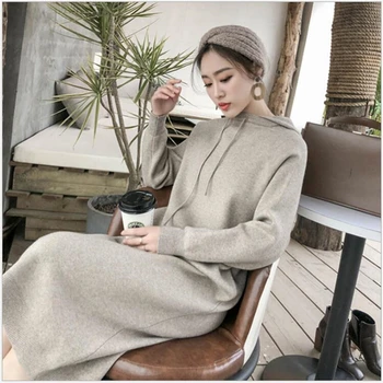 

2020 Long Straight Hoodies Dress Autumn Winter sweater Women Sweater Dress Casual Loose Knit Midi Dress Pull Vestidos F233