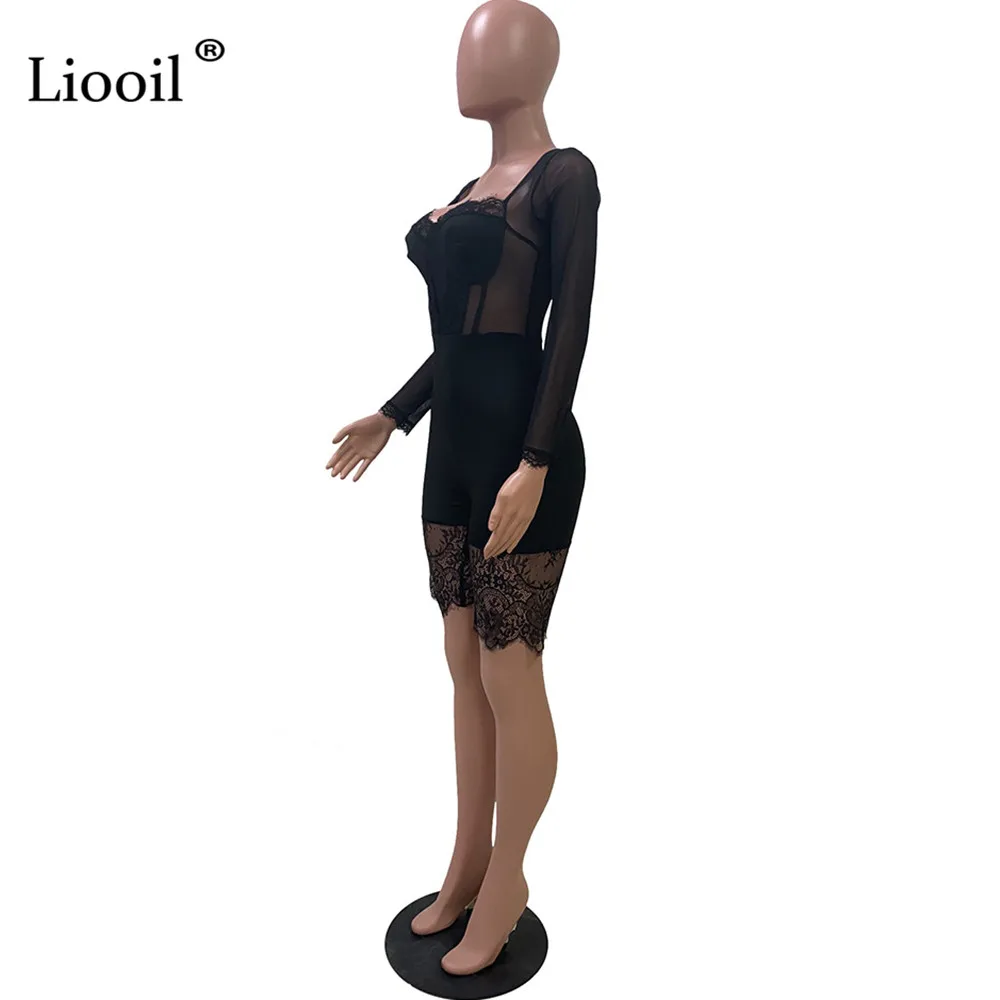 Liooil, черный кружевной Облегающий комбинезон, прозрачный комбинезон, Клубная одежда, новинка, вечерние комбинезоны, женские комбинезоны, шорты, Onesie