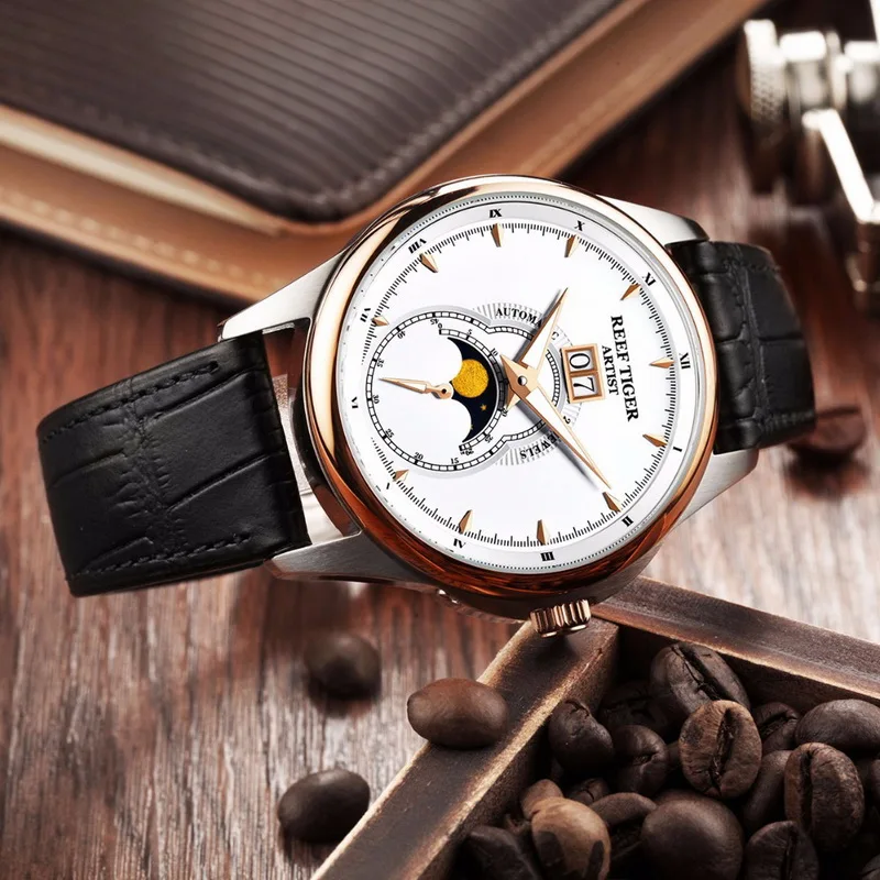 Мужские наручные часы, мужские автоматические часы moon phase Reef Tiger, Роскошные водонепроницаемые механические наручные часы montre RGA1928