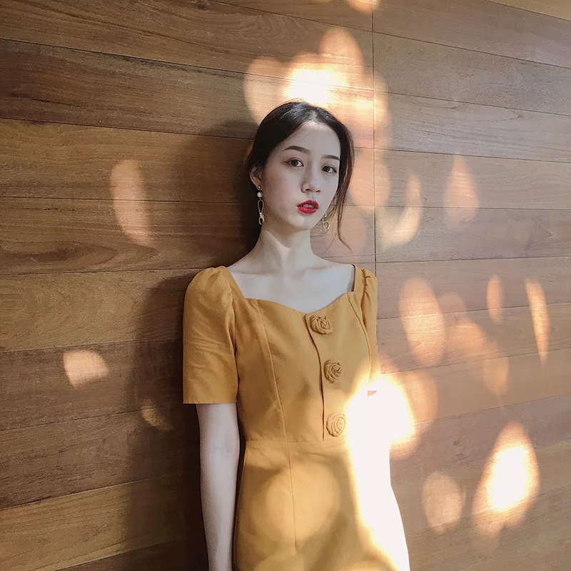 

Free shipping summer dress Rose-collar dress short sleeves mango yellow slim vestidos summer dress women A-shaped dress zipper