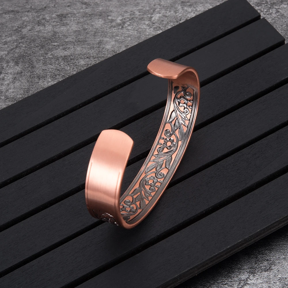 Meatlhy Magnetic Bracelet Pure Copper Flower Leaf 14mm Cuff Adjustable Bangles Femme Health Arthritis Vintage Jewelry for Men_voghion.com
