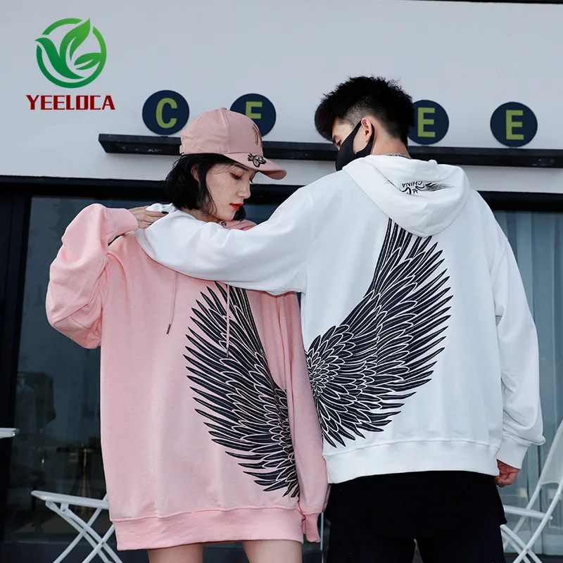 Dropshipping Wings Prints Caps Sweatshirts Casual Men Oversized Fashion Youth Hip Hop Pure Cotton Harajuku Couples Hoodies