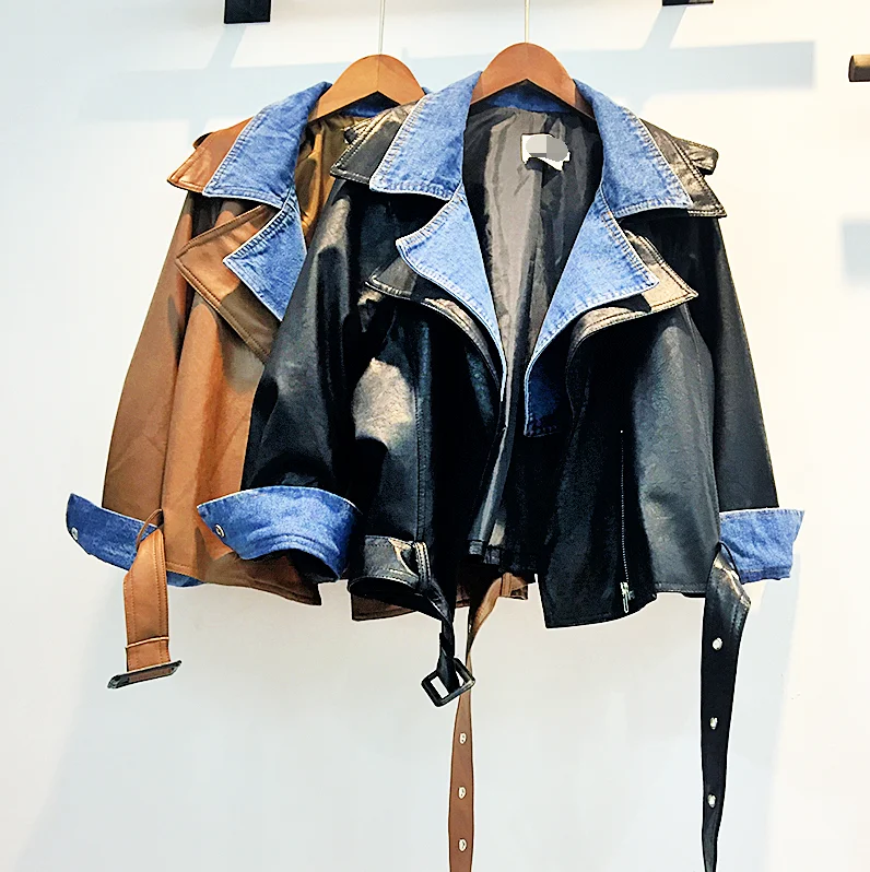 

2019 New spring and Autumn Women's Denim Patchwork Leather Jacket All-match Students Lapel Motorcycle Pu Coat Loose Outwear