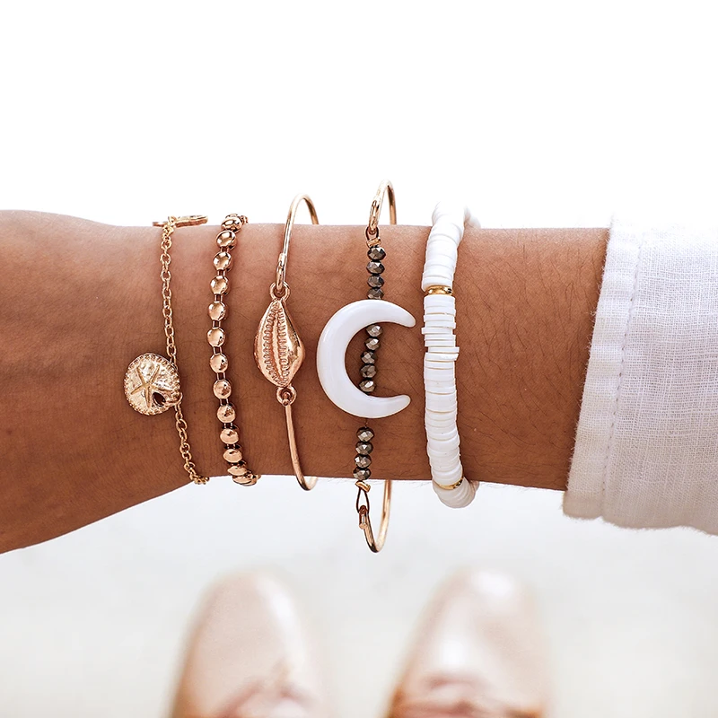 HuaTang 5 шт./компл. богемные в виде ракушки браслет лунный цвет серебристый, Золотой бусины в форме морской звезды круглый шт белый Пластик бижутерия 8814