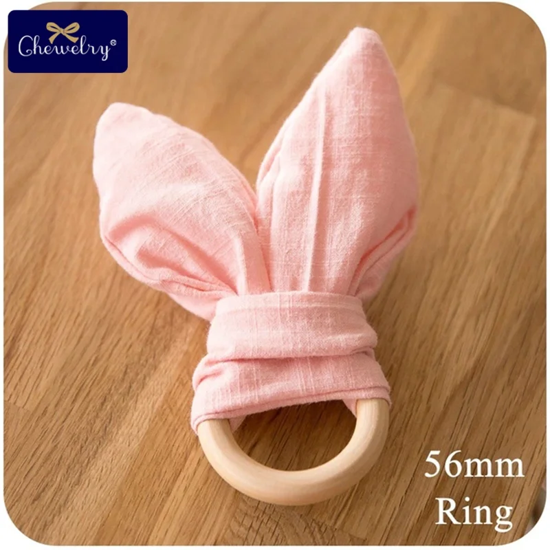 56mm Pink Buuny CHEWELRY, 1 шт., 70 мм, Прорезыватель для зубов с ушками кролика, деревянные кольца для прорезывания зубов, игрушки, деревянный круг, тканевый тренировочный детский браслет, BPA бесплатно - Цвет: 56mm Pink Buuny