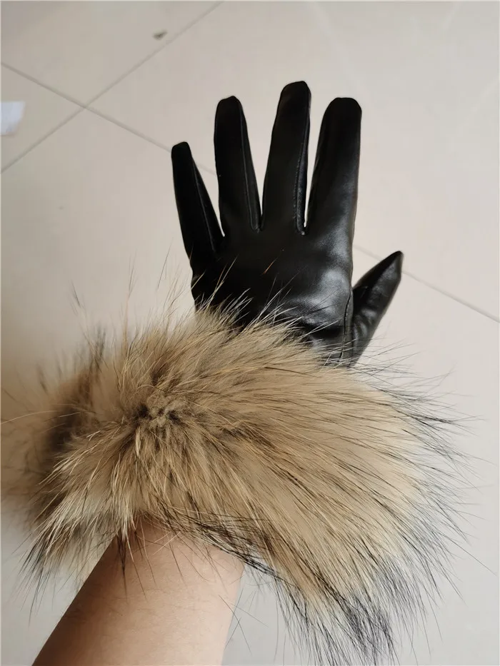Высококачественные женские зимние перчатки из овчины, натуральный мех енота, перчатки из натуральной кожи, женские черные, красные