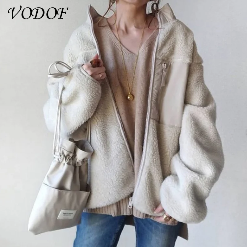 VODOF Fashion Lamb Wool Autumn Winter Coat Women Jacket Fleece Shaggy Warm Cropped Jackets Overcoat Single Breasted Outwear sheep horn button lamb wool polo collar cotton coats for women s 2023 winter new loose bf thickened jackets