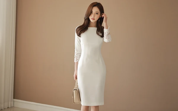 Осенне-зимнее Новое Элегантное Вечернее Платье с кружевным рукавом Белое платье тонкой оболочки офисная Дамская Рабочая весенняя