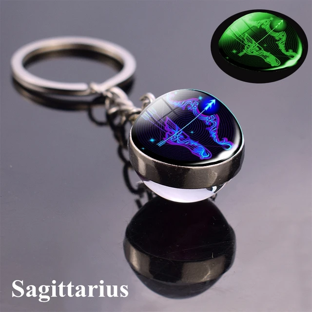 12 Constellation Luminous Keychain Glass Ball Pendant Zodiac Keychain Glow In The Dark Key Chain Holder Men Women Birthday Gift Sagittarius Blue