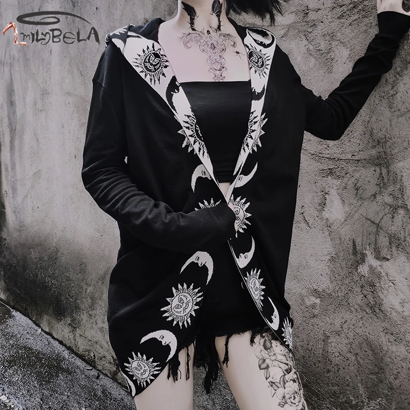

Imily Bela Casual Cardigans Women Long Sleeve Patchwork Loose Hooded Cardigan Autumn Winter Knit Long Coat Fashion Streetwear