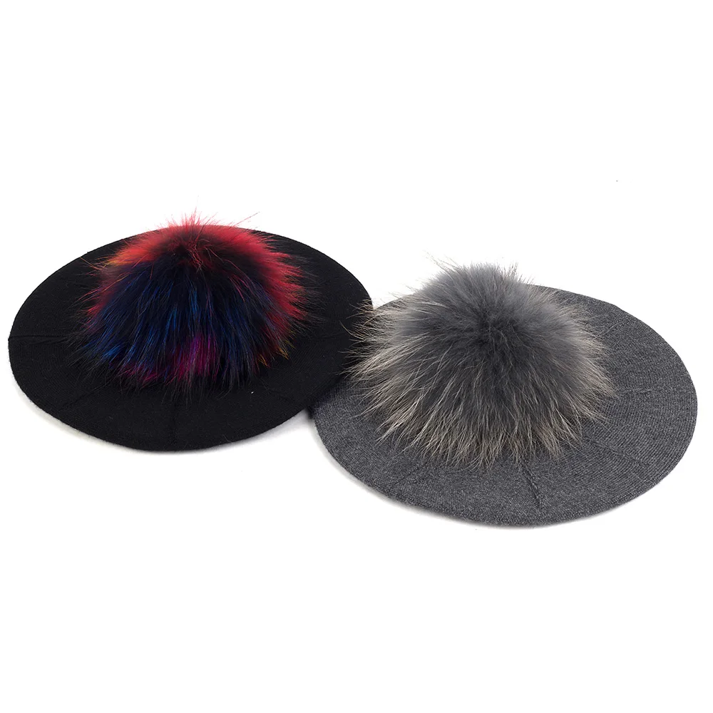 Geebro Female Winter Berets with 15 cm Real Ball Pom Pom Hat For Women Girl's Knitted Cap Thick Women'S Slouchy Skullies Beanies 4
