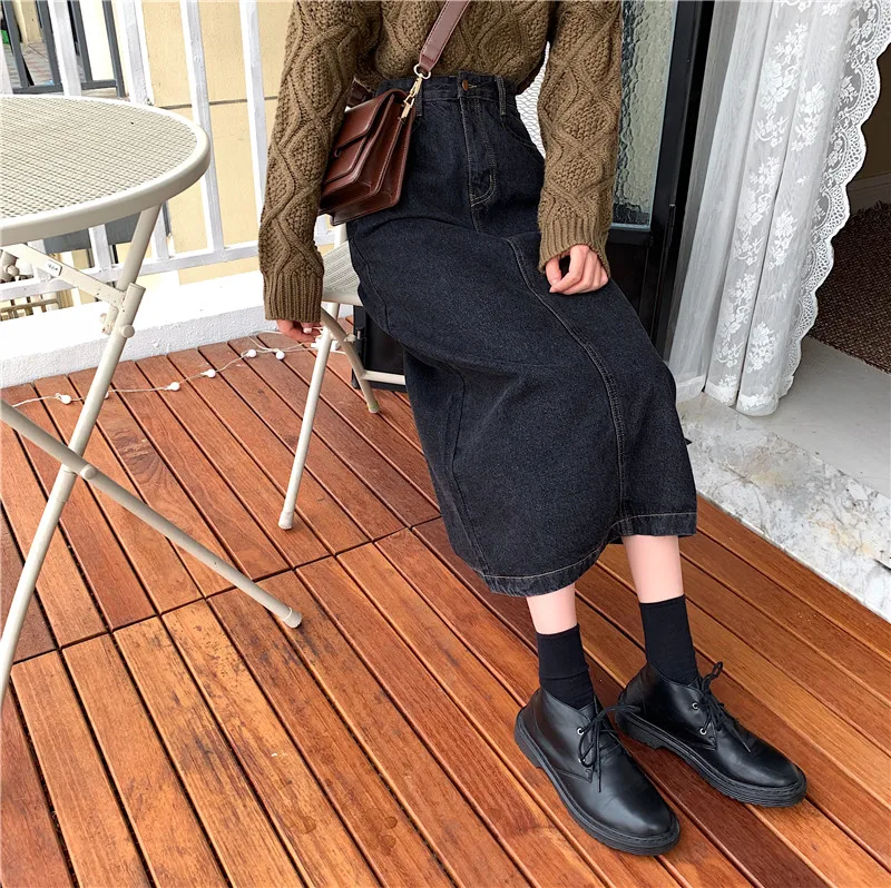 Women's Vintage High Waist Denim Skirt Autumn Winter New Korean Loose Wild A-line Mid-Calf Skirt Women's Long Skirt ML242