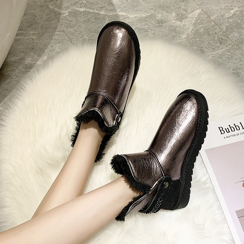 Rimocy fashion winter silver patent leather womens boots high platform thick long plush warm snow boots woemn cotton shoes