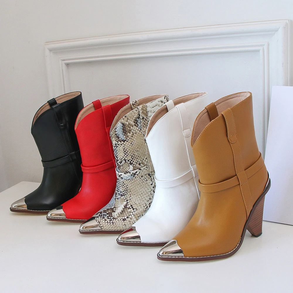 Женская обувь; ботинки в западном стиле; брендовая осенне-зимняя популярная женская обувь на высоком каблуке; короткие ботинки в стиле ретро со змеиным узором; Cossacks botas; большие размеры 44