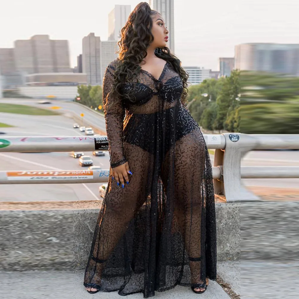XL-5XL Plus Size Glitter Sequin Spliced Maxi Dress Women Black V Neck Full Sleeve Pleated Vintage See Through No Inside |