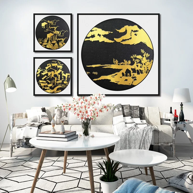 

Landscape Canvas Paintings Golden Black Buildings Mountains Posters And Print Minimalist Wall Art For Room House Decor