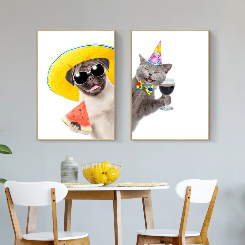 Cute-Pug-Dog-And-Cat-Canvas-Painting-Wall-Art-Funny-Animals-Hold-Winebowl-Poster-Prints-Wall (1)