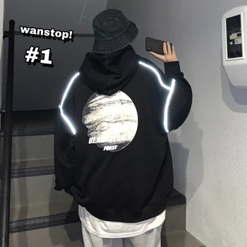 

2020 Spring And Autumn New Couple Planet Printed Reflective Hooded Sweatshirt Fashion Casual Loose Pullover Trend Black S-XL