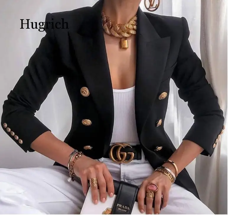 

Women Pure Color Suit Coat Female Double Breasted Work Lady Suit Black Button Coat Fashion and Leisure Top