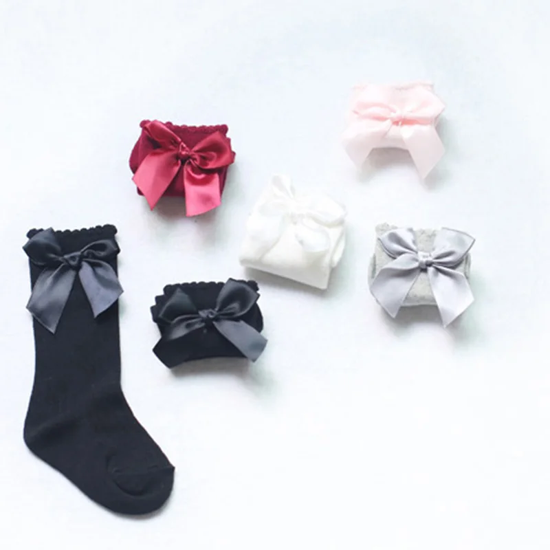 От 0 до 4 лет, весенне-осенние носки для малышей однотонные теплые гольфы с бантом для маленьких девочек, милые длинные носки без пятки для детей, носки в Вертикальную Полоску