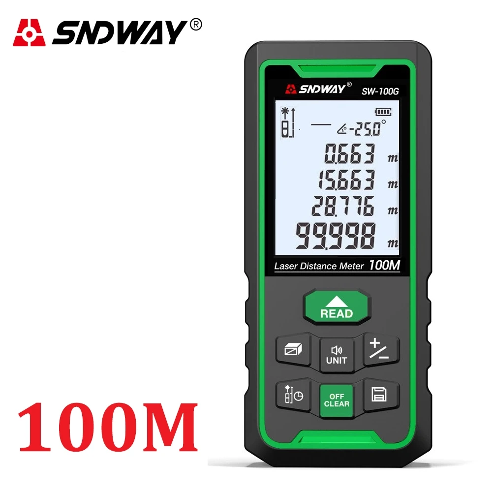 SNDWAY Laser Distance Meter Green Lase Rangefinder 50M 70M 100M Range Finder Trena Tape Measure Device Angle Ruler Roulette Tool