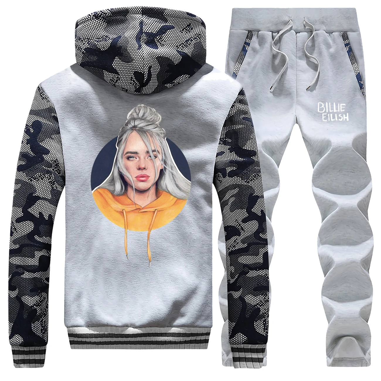 Зима горячая распродажа Мужская Толстовка Спортивная камуфляжная Billie Eilish Singer принт Свободный Повседневный костюм теплая куртка+ брюки комплект из 2 предметов