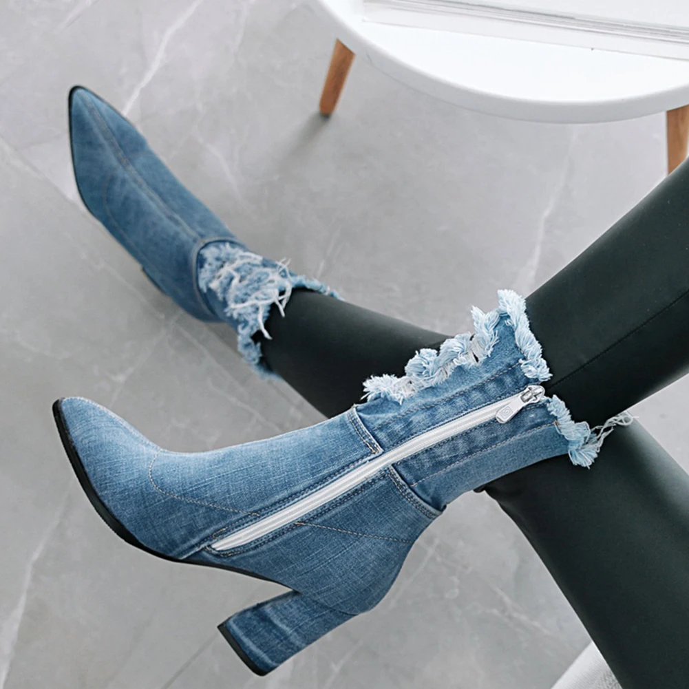 

Lapolaka Quality Streth Denim Boots Women Square High Heels Broken Hole Boots Zipper Girls Boots Woman Shoes Women 43