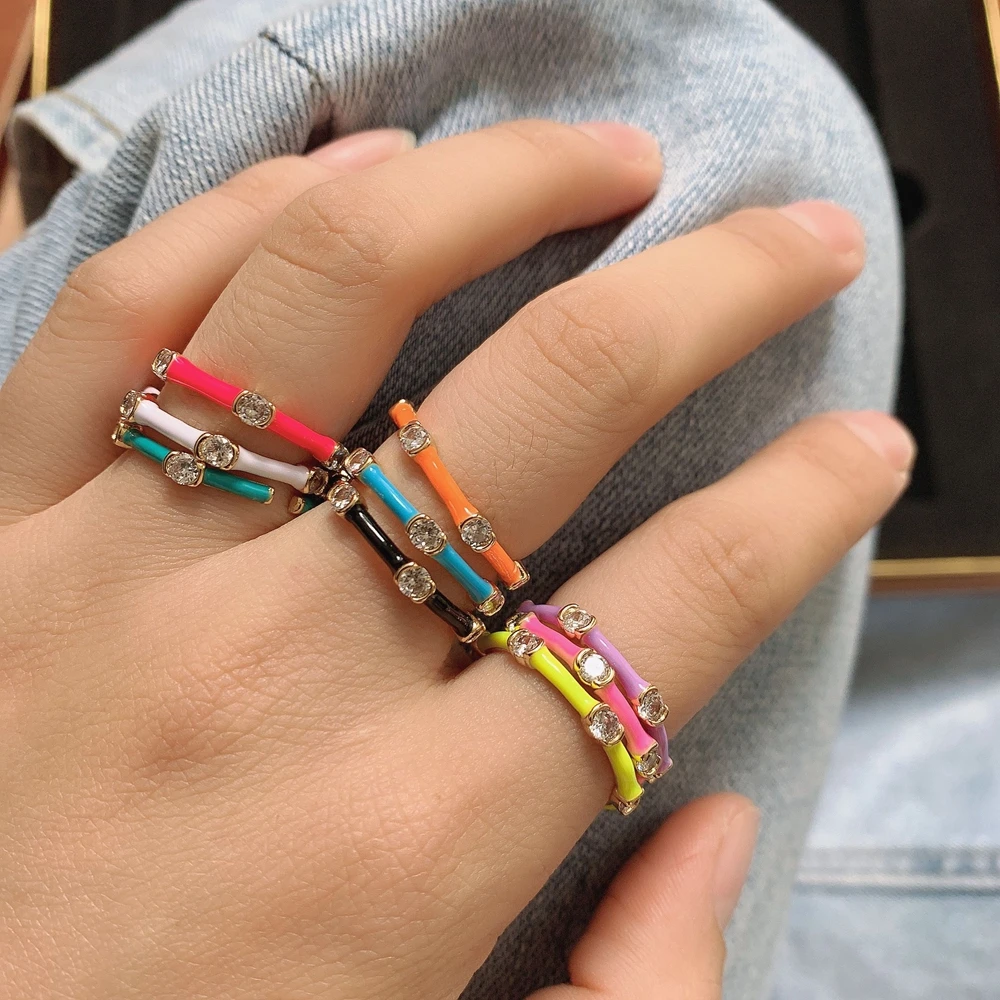 

10PCS, Colorful Enamel Gold Color Band Ring For Women Girl Neon CZ Stack Stacking Finger Rings
